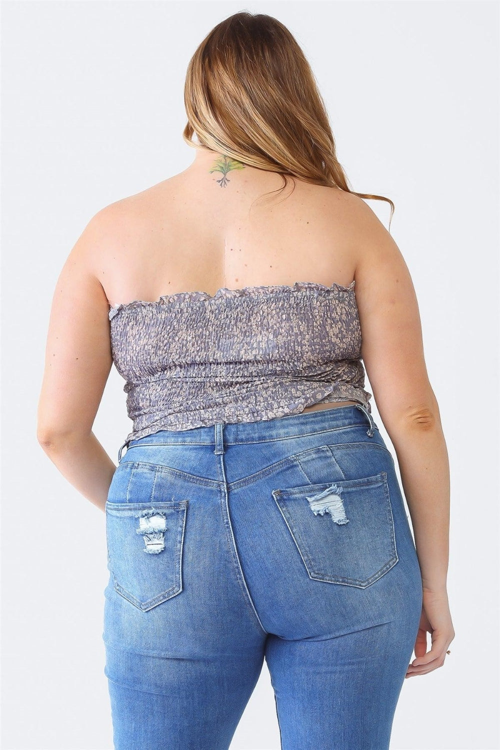 Zenobia Plus Size Drawstring Smocked Floral Tube Top Denim Blue Plus Size by Trendsi | Fleurcouture