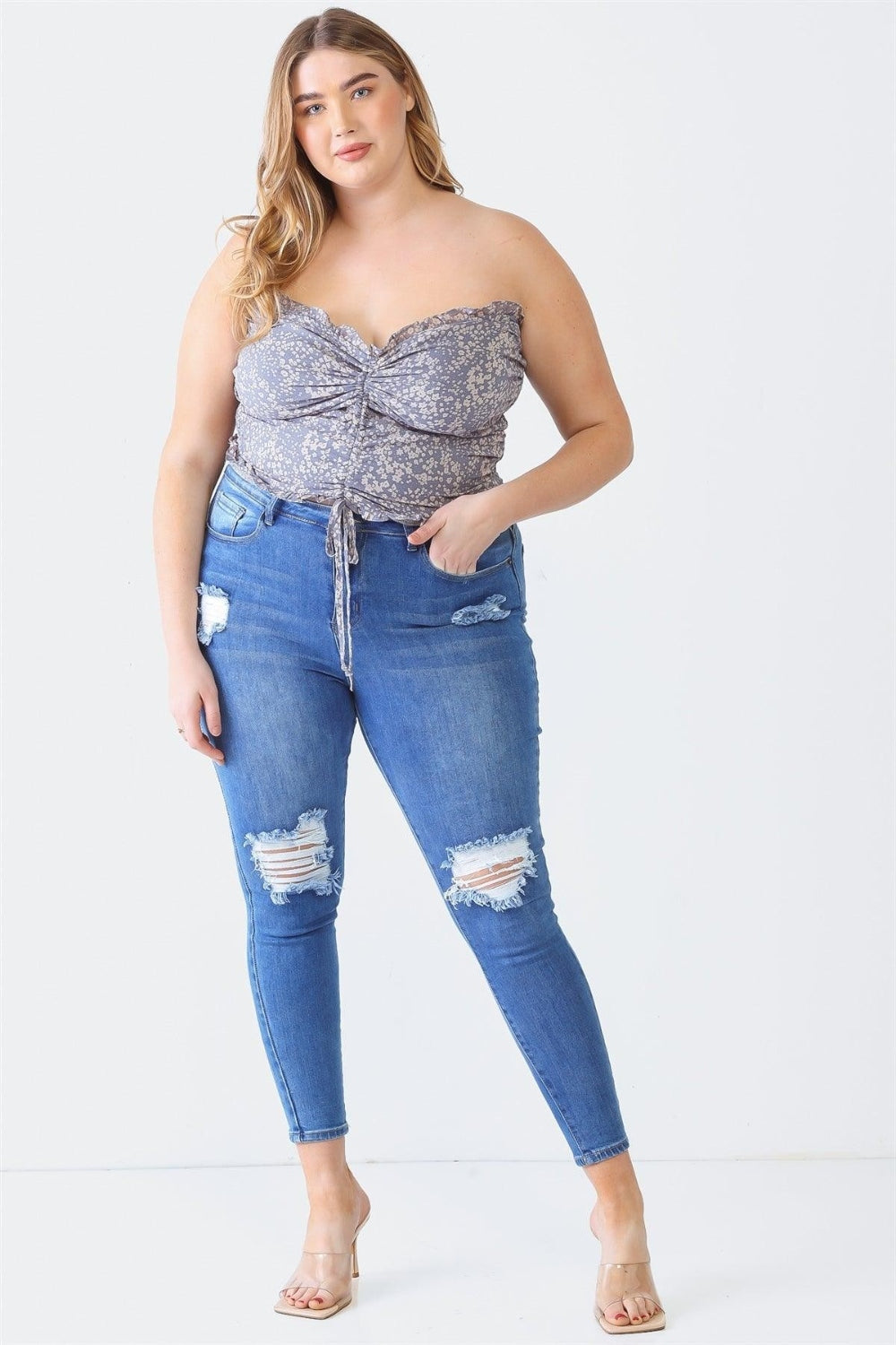 Zenobia Plus Size Drawstring Smocked Floral Tube Top Denim Blue Plus Size by Trendsi | Fleurcouture