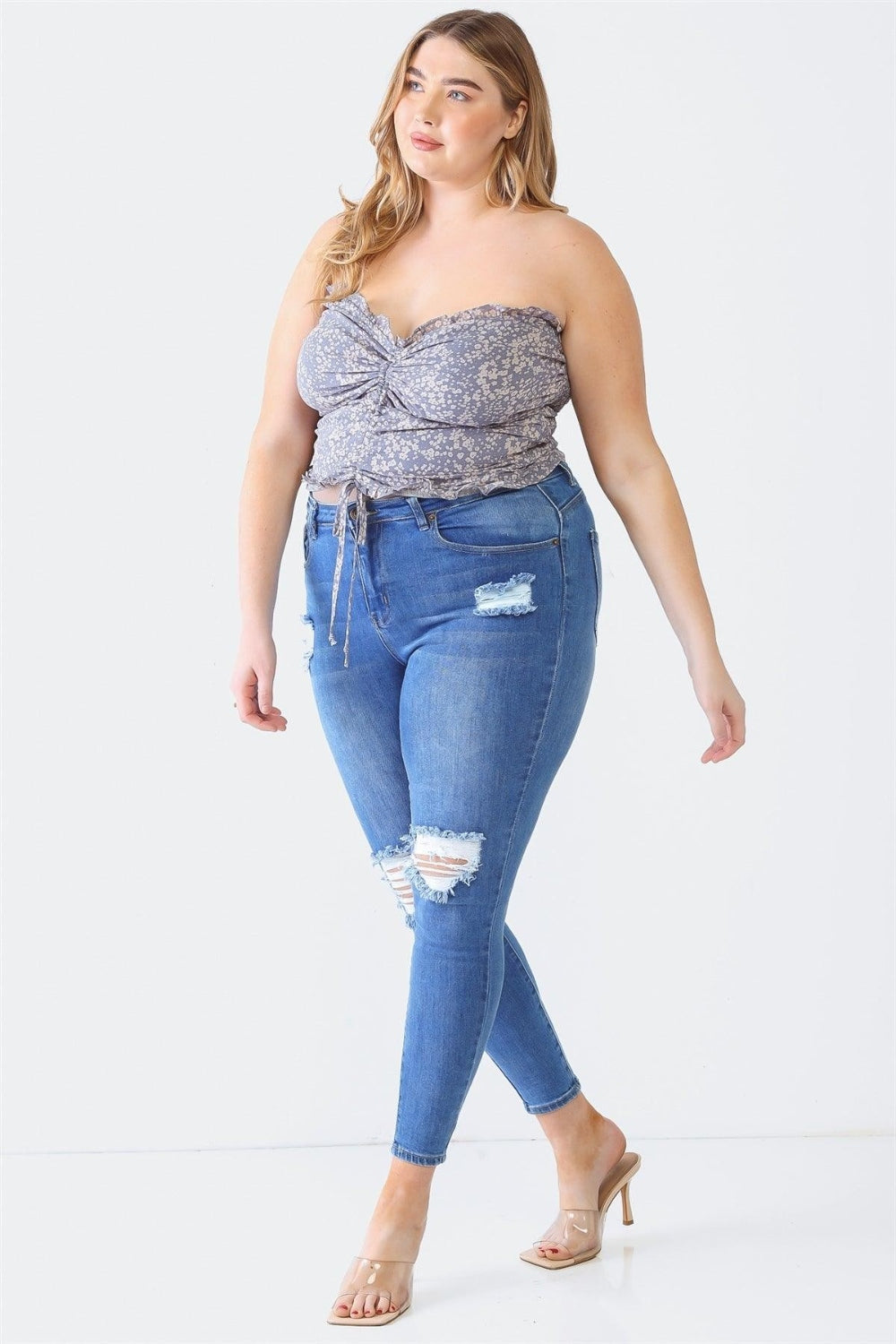 Zenobia Plus Size Drawstring Smocked Floral Tube Top Denim Blue Plus Size by Trendsi | Fleurcouture