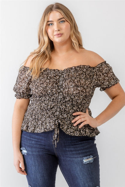 Zenobia Plus Size Frill Ruched Off-Shoulder Short Sleeve Blouse Black 1XL Plus Size by Trendsi | Fleurcouture