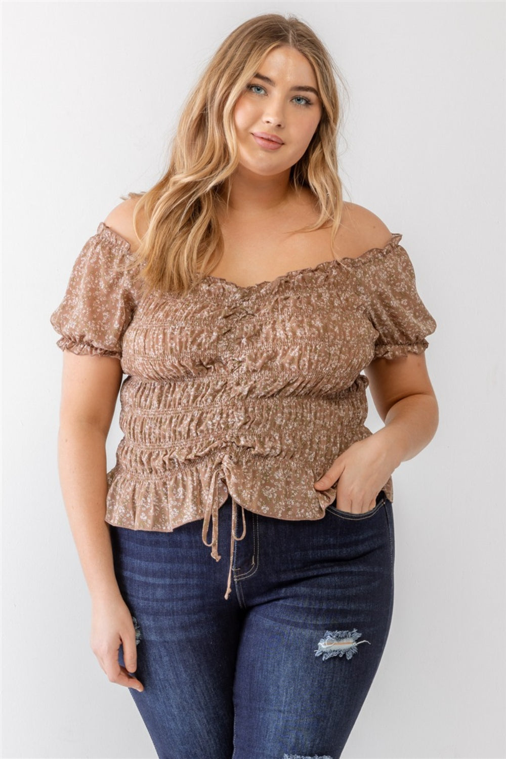 Zenobia Plus Size Frill Ruched Off-Shoulder Short Sleeve Blouse Mocha 1XL Plus Size by Trendsi | Fleurcouture