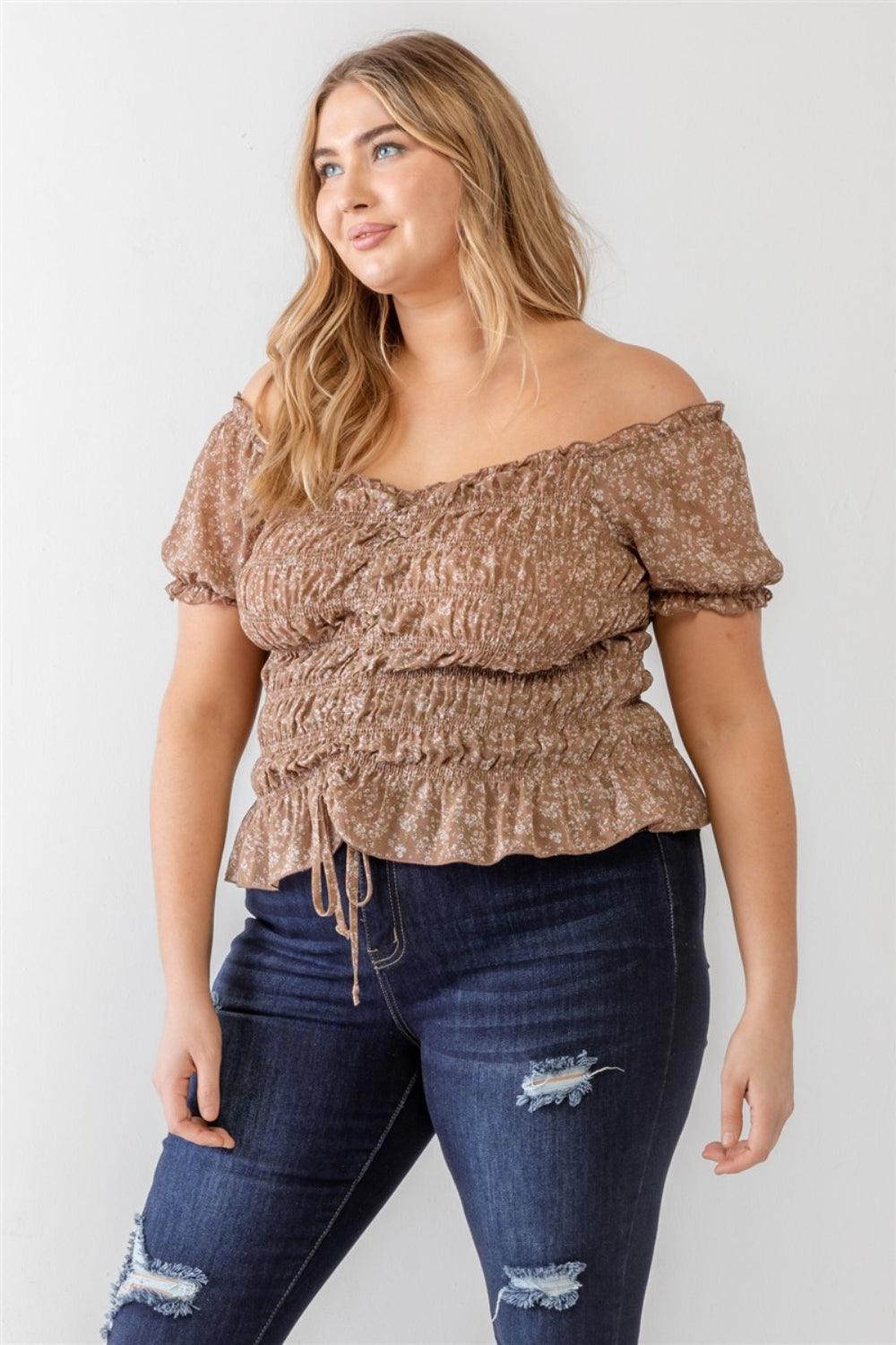 Zenobia Plus Size Frill Ruched Off-Shoulder Short Sleeve Blouse Plus Size by Trendsi | Fleurcouture