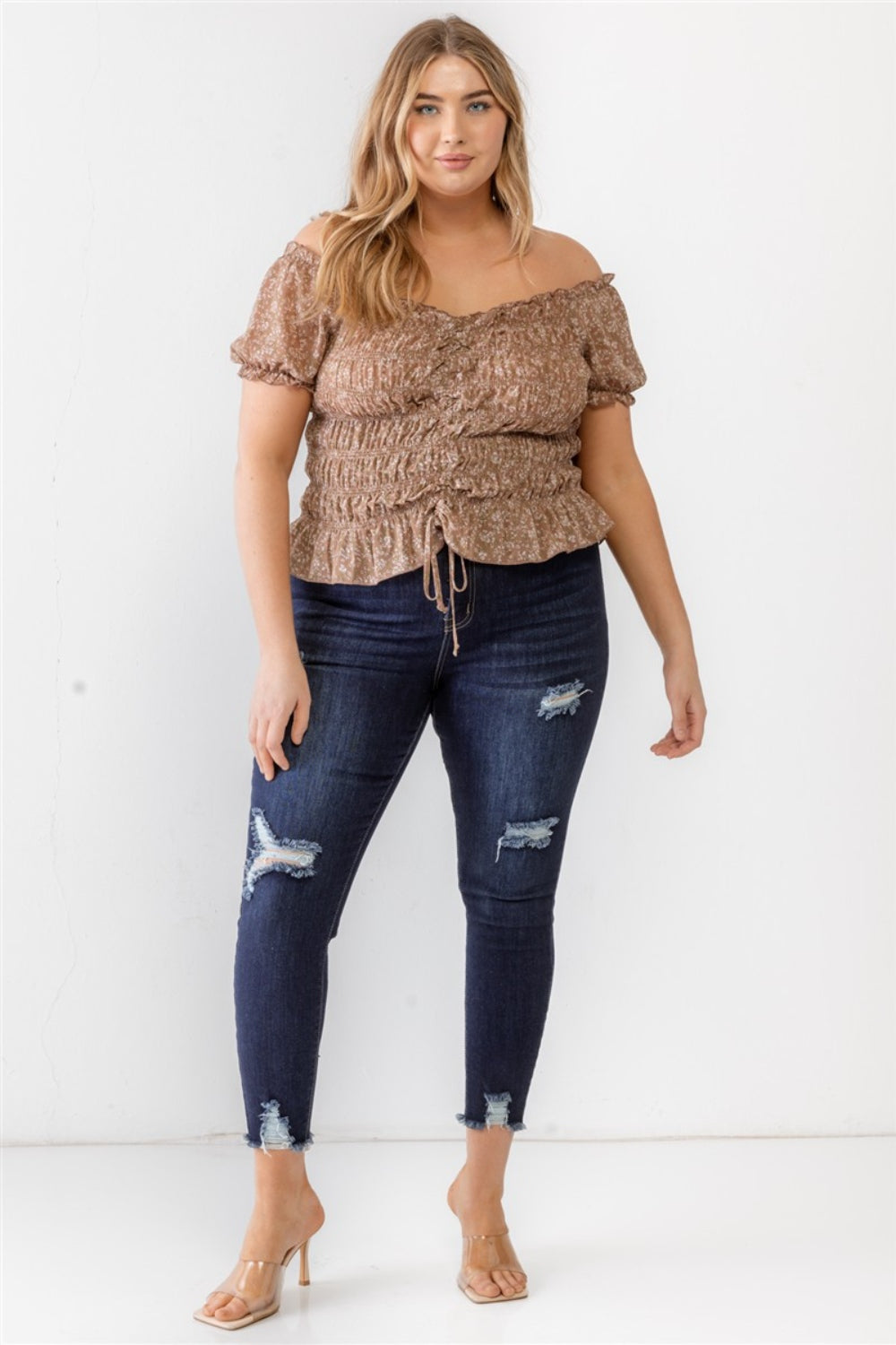 Zenobia Plus Size Frill Ruched Off-Shoulder Short Sleeve Blouse Plus Size by Trendsi | Fleurcouture