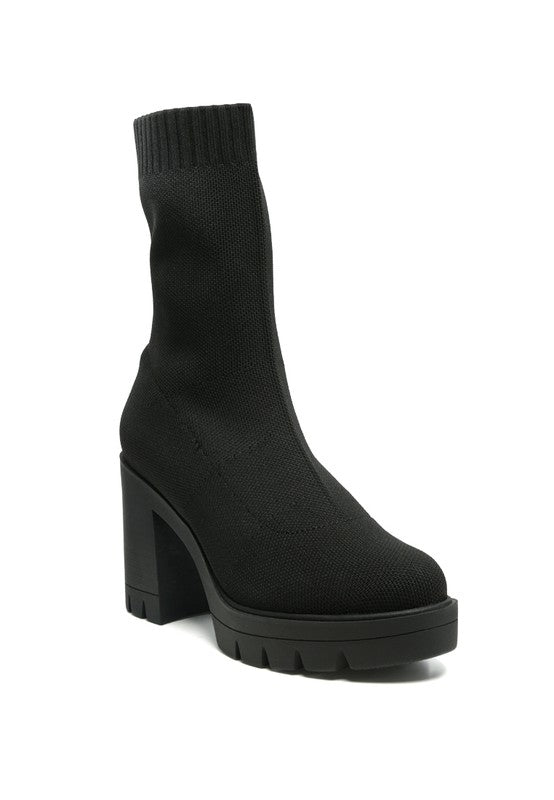 Zinnia Knitted Block Heeled Boots Black 9 by Rag Company | Fleurcouture