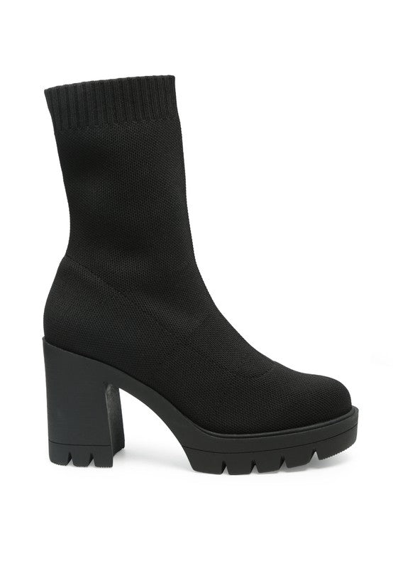 Zinnia Knitted Block Heeled Boots Black by Rag Company | Fleurcouture