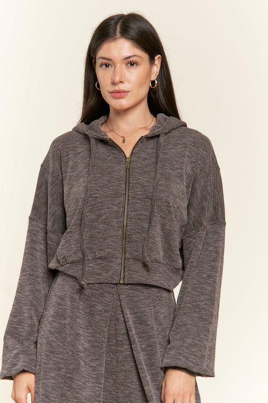 Zip-up drop shoulder hooded jacket BLACK Women&