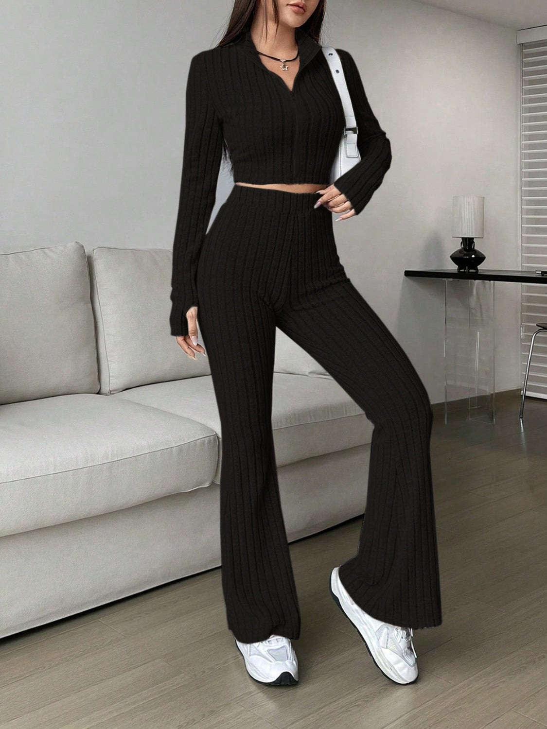 Zip Up Long Sleeve Top and Pants Set Black S Women&