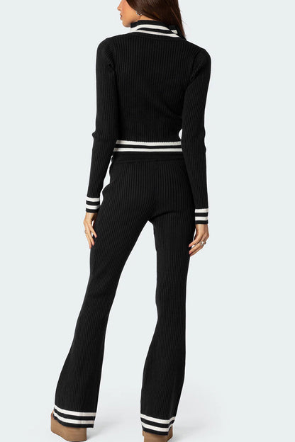 Zip Up Long Sleeve Top and Pants Set Black S Women&