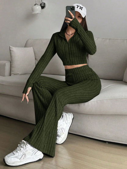 Zip Up Long Sleeve Top and Pants Set Women&