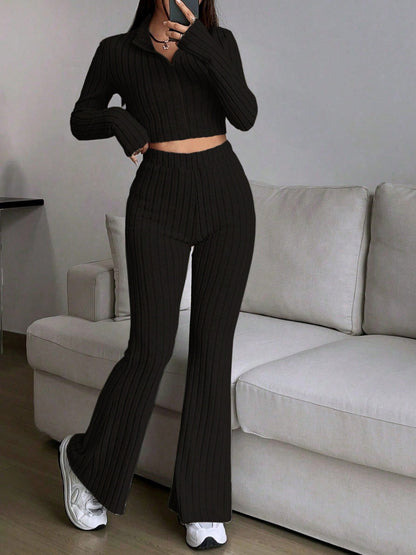 Zip Up Long Sleeve Top and Pants Set Women&