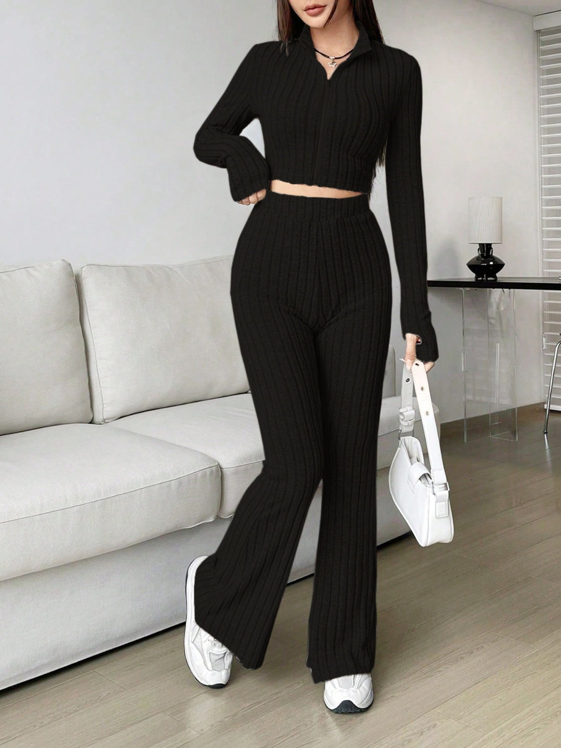 Zip Up Long Sleeve Top and Pants Set Women&