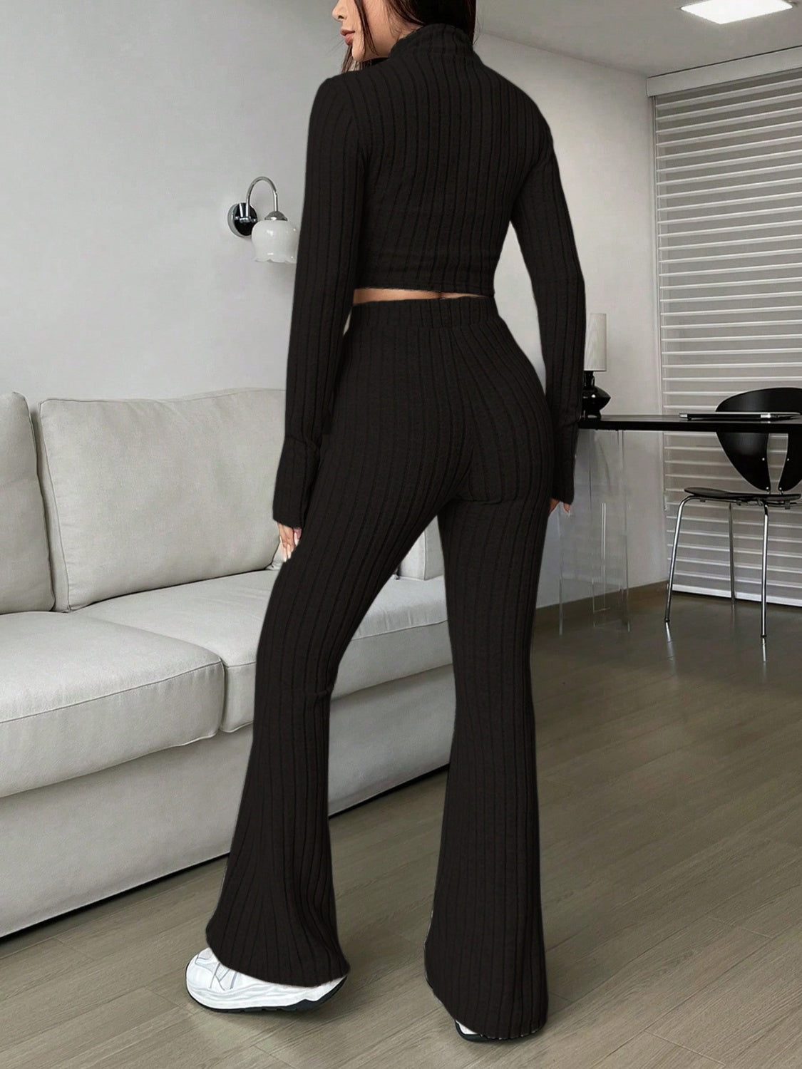 Zip Up Long Sleeve Top and Pants Set Women&