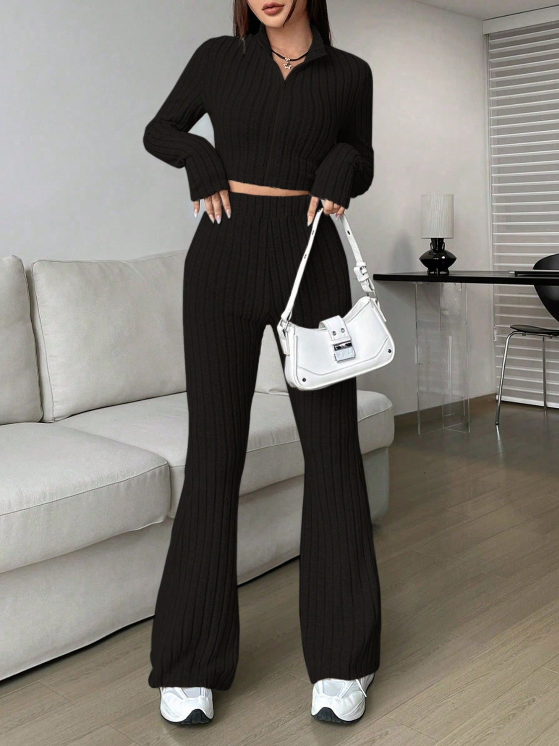 Zip Up Long Sleeve Top and Pants Set Women&