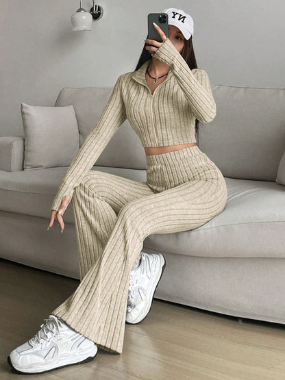 Zip Up Long Sleeve Top and Pants Set Women&