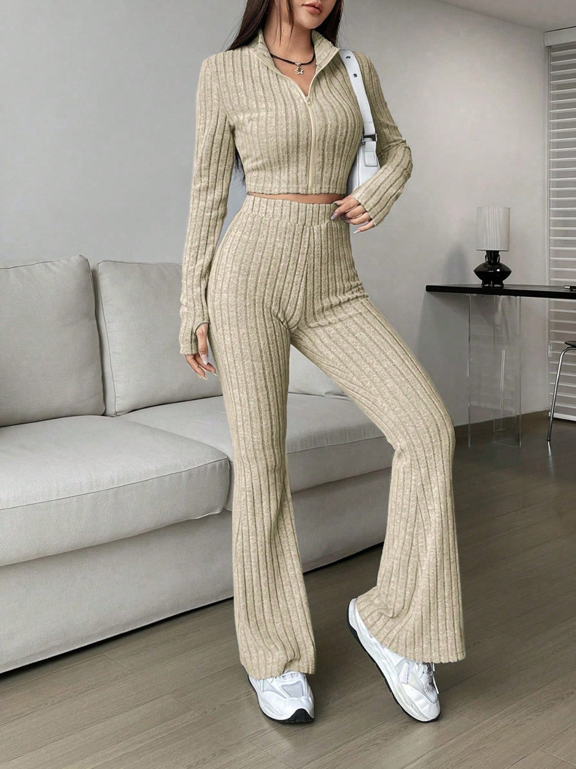 Zip Up Long Sleeve Top and Pants Set Women&