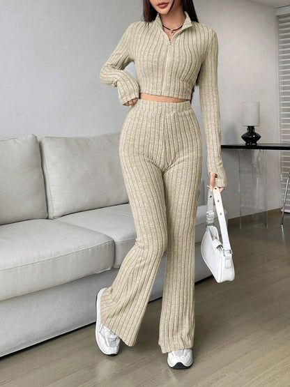 Zip Up Long Sleeve Top and Pants Set Women&