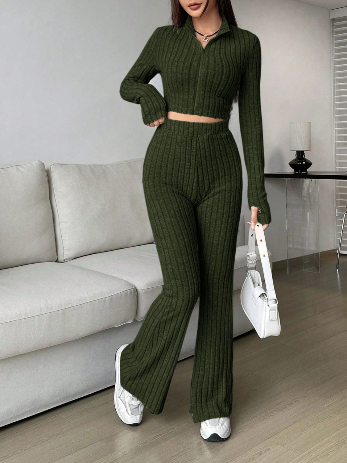 Zip Up Long Sleeve Top and Pants Set Women&