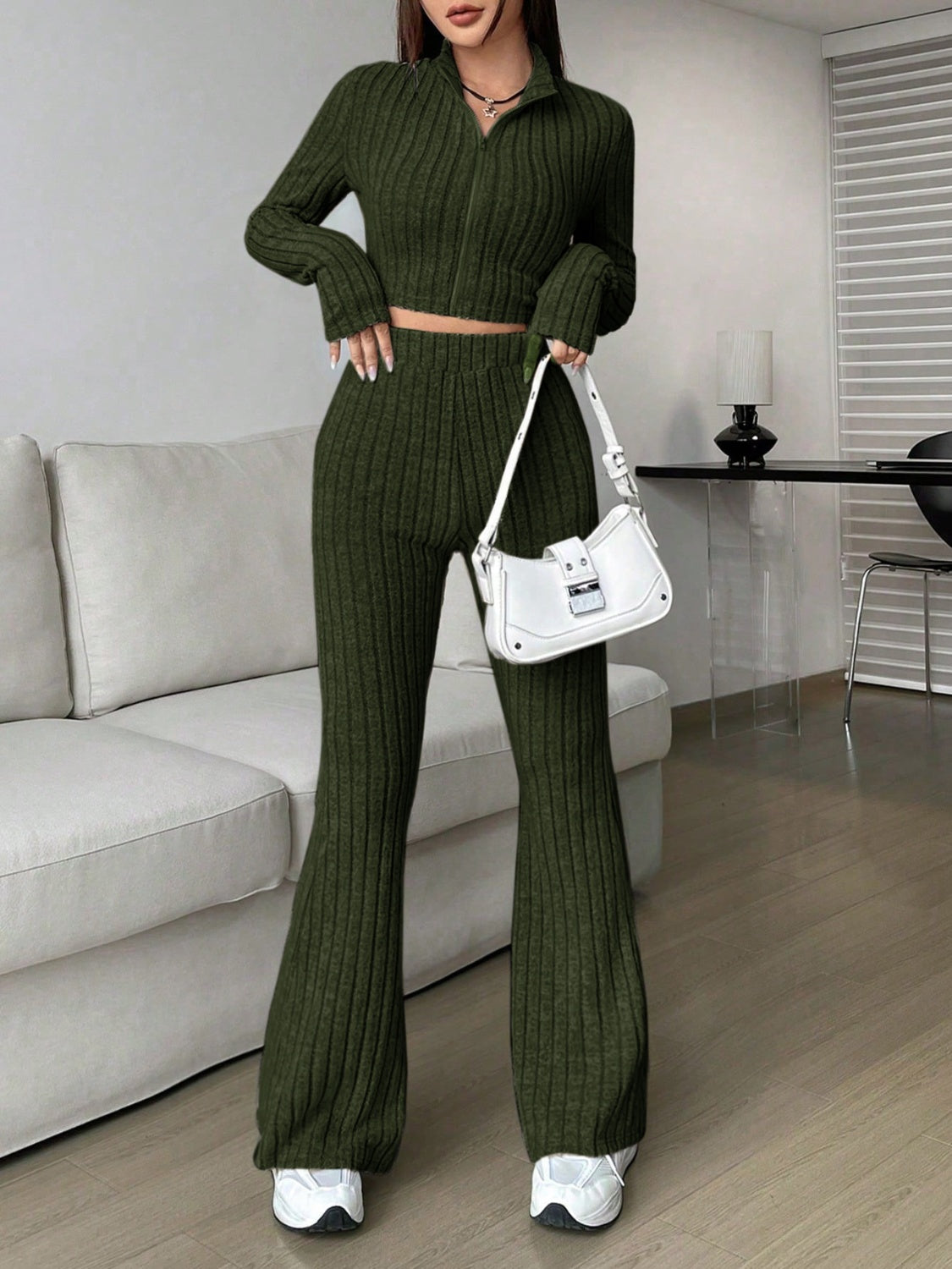 Zip Up Long Sleeve Top and Pants Set Women&