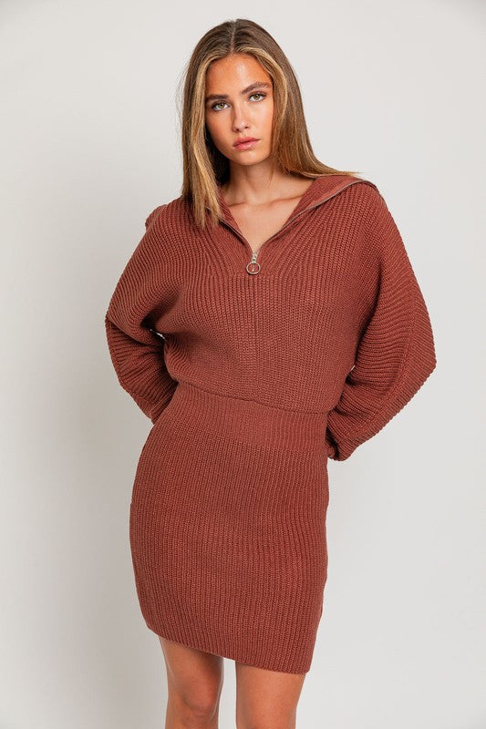 Zipper Sweater Dress BROWN XS by LE LIS | Fleurcouture