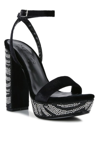 ZIRCON Diamante Studded High Block Heel Sandals Black 10 by Rag Company | Fleurcouture