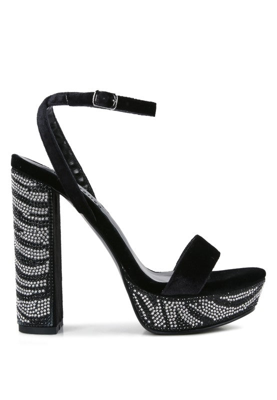 ZIRCON Diamante Studded High Block Heel Sandals Black 10 by Rag Company | Fleurcouture